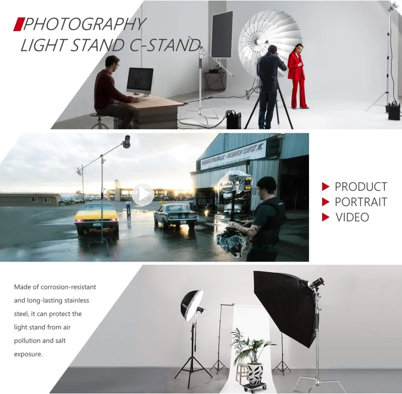 Neewer 300cm Adjustable C-Stand Light Stand with Extension Boom Arm, Removable Turtle-Base and Carry Bag - Image 3
