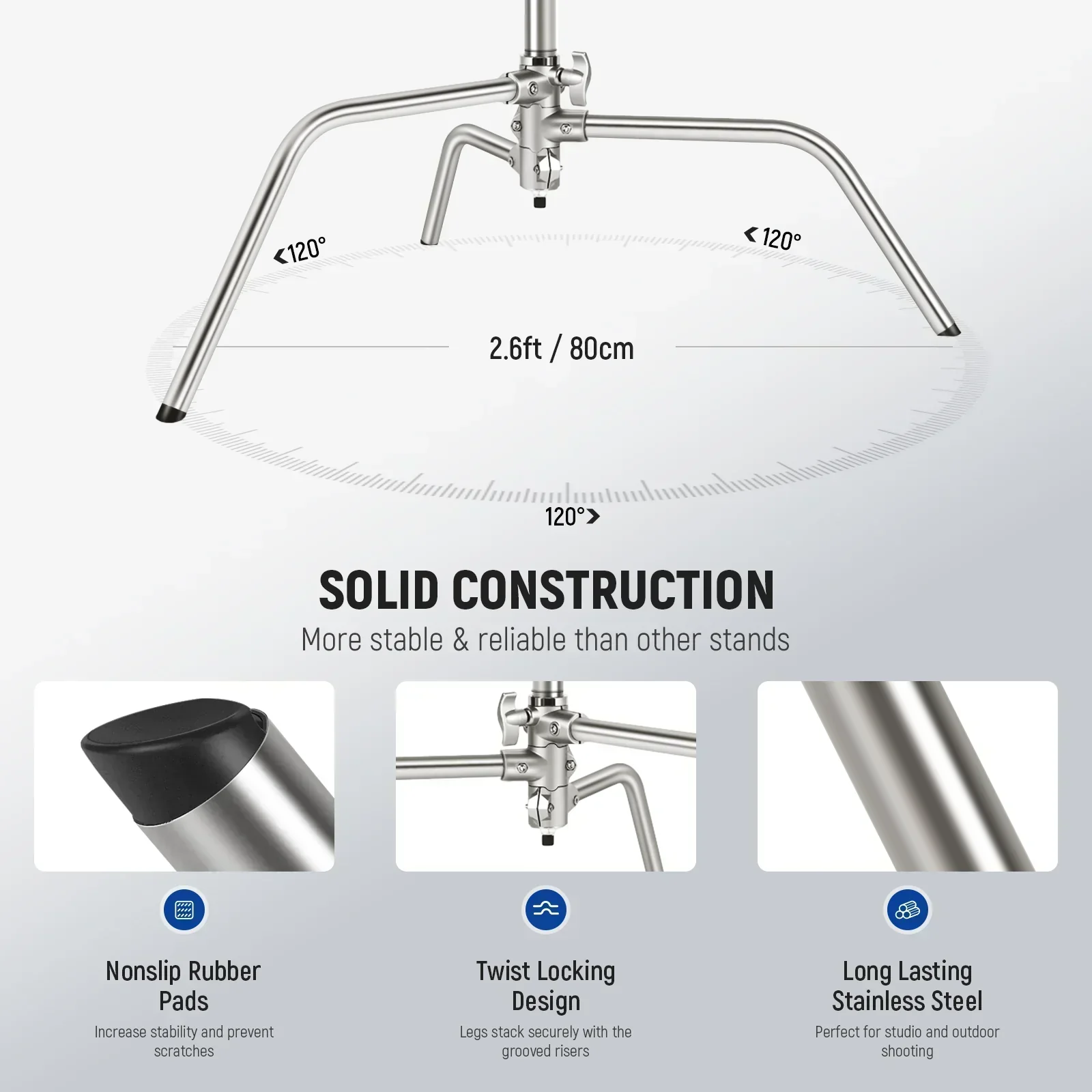 Neewer SC186W 186cm Stainless Steel Heavy-Duty Mini C-Stand with Casters Wheels - Image 5