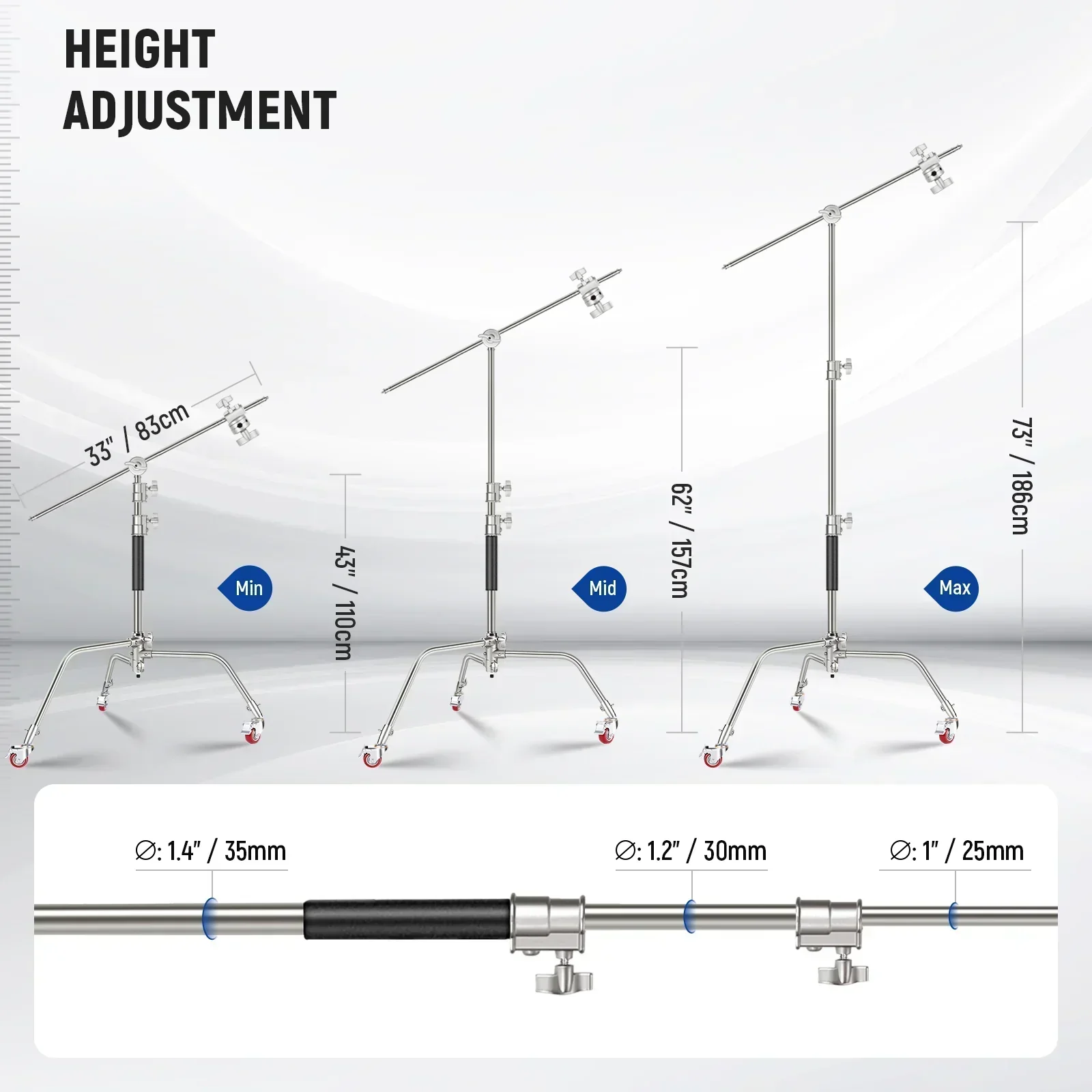 Neewer SC186W 186cm Stainless Steel Heavy-Duty Mini C-Stand with Casters Wheels - Image 9
